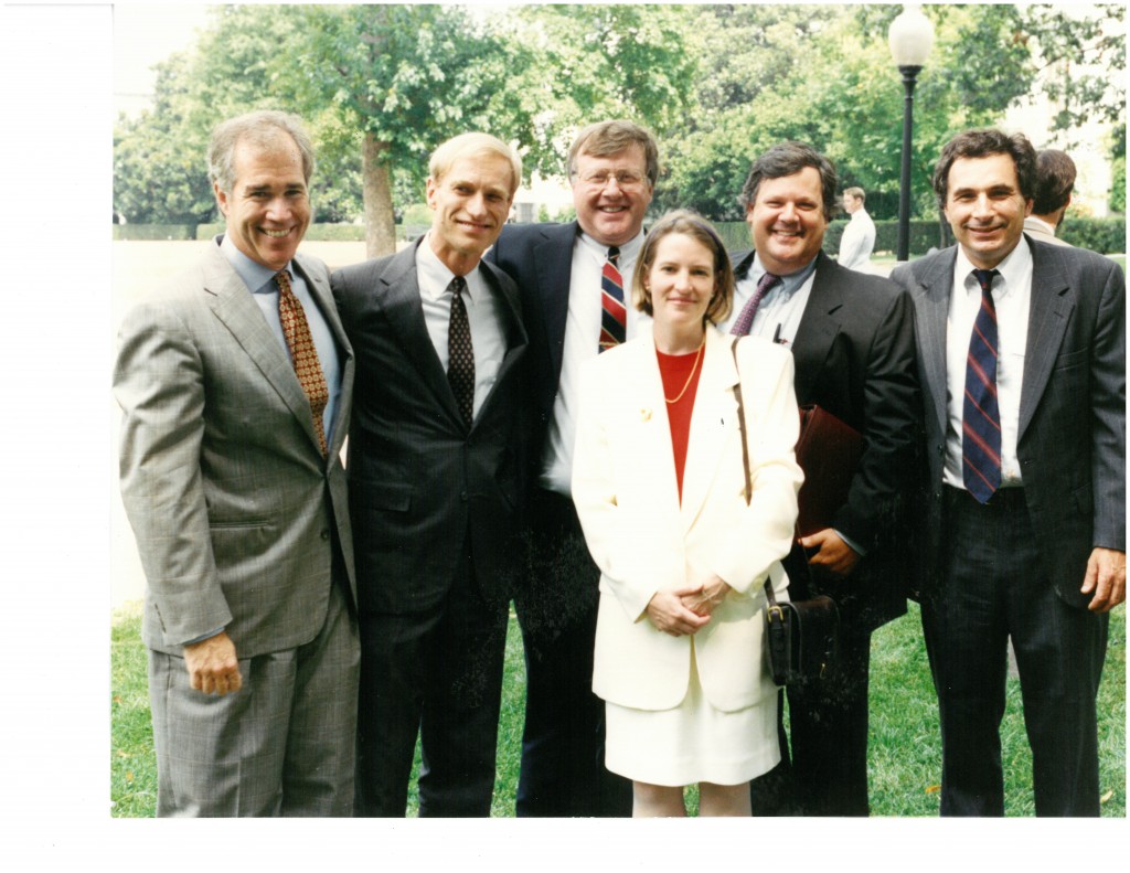 Some of us at the White House in Spring 1993, at the unveiling of the Clinton Administration proposal for a Community Development Financial Institutions Fund. From left to right in back: Bob Rapoza, Bob Justis (NCIC), Bill Bay (Impact 7) Lee Beaulac (PathStone), and Ron Phillips; front: Vicky Stein (Rapoza Associates). 